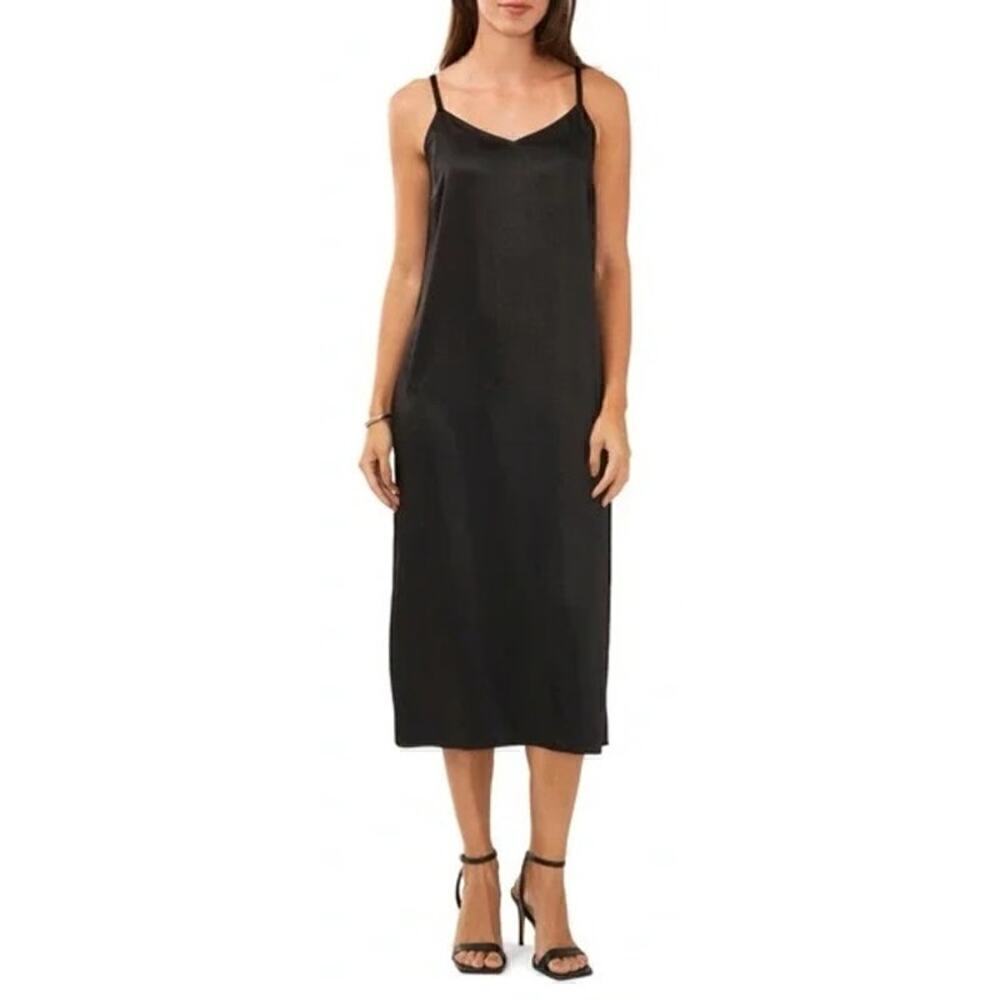 Halogen Dress Satin Sleeveless V-Neck Column Slip Midi Black NWT Medium